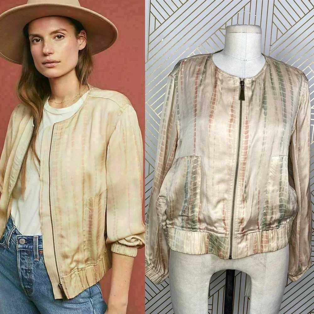 Frye Mandira Tie Dye Drapey Zip Bomber Jacket in Tan Beige Size US XS